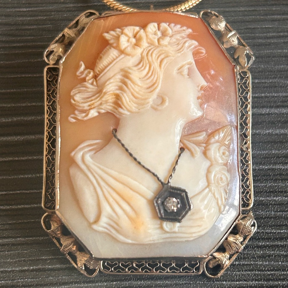 Elegant Gold, Shell, and Diamond Cameo Pendant Necklace & Brooch